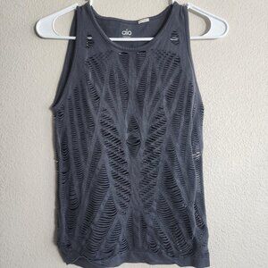 Alo Yoga Tank Top Womens Medium Black Laser Cut Slashed Open Knit Activewear